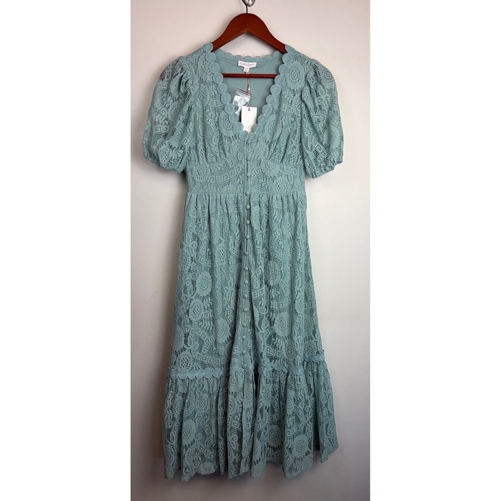 NEW By the River Lace Midi Dress S Blue Boho Romantic Scalloped Puff Sleeve